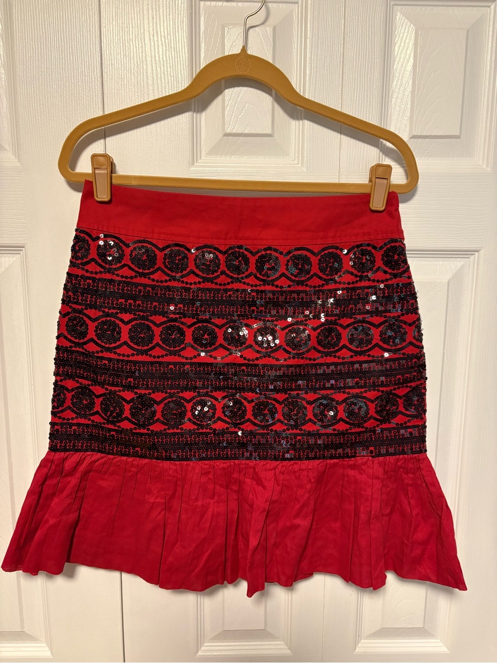 Anthropologie Moulinette Soeurs Red Sequin Embellished Ruffle Hem Skirt
